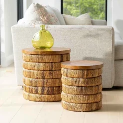 Abaca Woven Drum Nesting Tables, Set of 2