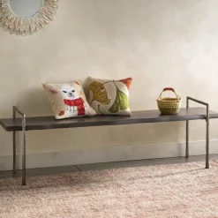 Acacia Live Edge Gray Bench with Textured Iron Frame