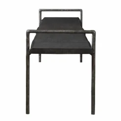 Acacia Live Edge Gray Bench with Textured Iron Frame