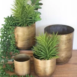 Aged Brass Metal Flower Pots, Set of 4