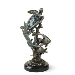 Aluminum and Marble Sea Turtle with Fish Sculpture