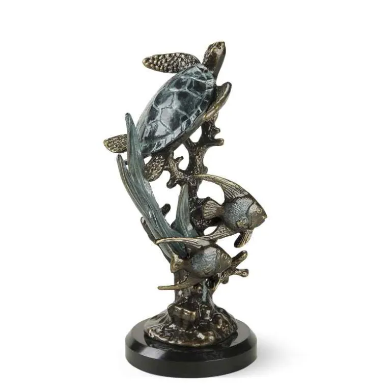 Aluminum and Marble Sea Turtle with Fish Sculpture