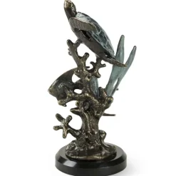 Aluminum and Marble Sea Turtle with Fish Sculpture