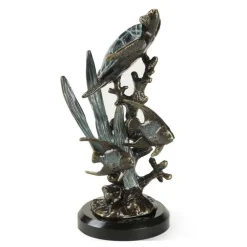 Aluminum and Marble Sea Turtle with Fish Sculpture