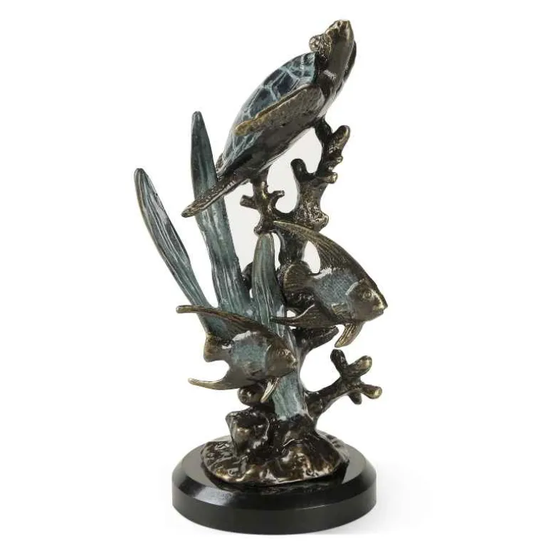 Aluminum and Marble Sea Turtle with Fish Sculpture