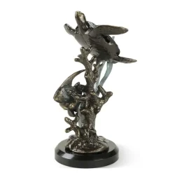 Aluminum and Marble Sea Turtle with Fish Sculpture