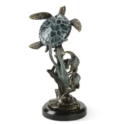Aluminum and Marble Sea Turtle with Fish Sculpture