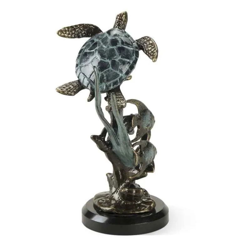Aluminum and Marble Sea Turtle with Fish Sculpture