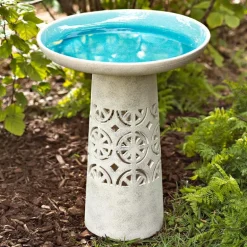 Aqua Crackle Glazed Ceramic Birdbath