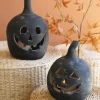 Artisan-Made Black Jack-O-Lantern Candle Holders, Set of 2