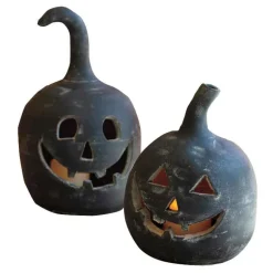 Artisan-Made Black Jack-O-Lantern Candle Holders, Set of 2