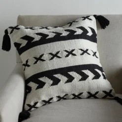 Black and White Geo Print Tasseled Outdoor Throw Pillow, 22" Sq.