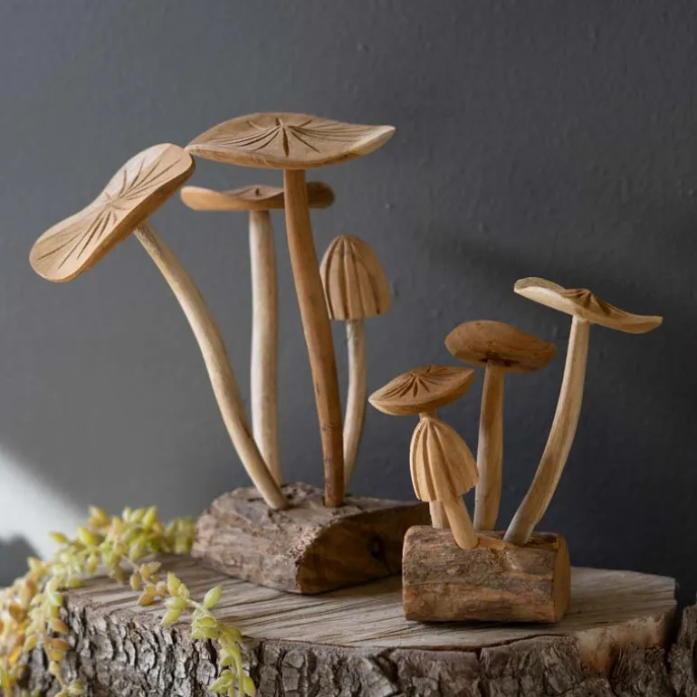Carved Teak Wood Mushroom Clusters, set of 2