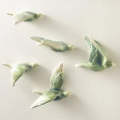 Ceramic Birds Wall Art, Set Of 5 - Blue Green
