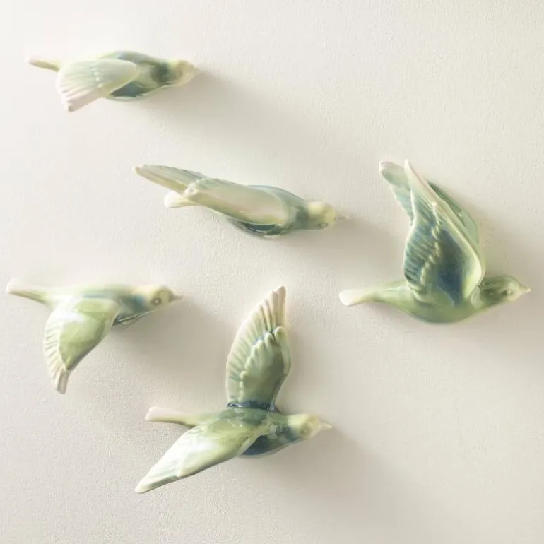 Ceramic Birds Wall Art, Set Of 5 - Blue Green