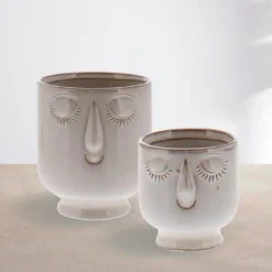 Ceramic Cream-Colored Serene Face Cachepots, Set of 2