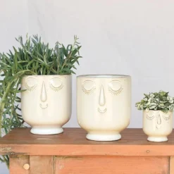 Ceramic Cream-Colored Serene Face Cachepots, Set of 2