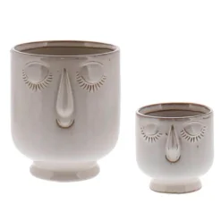 Ceramic Cream-Colored Serene Face Cachepots, Set of 2