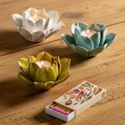 Ceramic Lotus Candleholders with Tealights and Matches, Set of 3