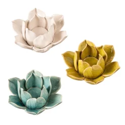 Ceramic Lotus Candleholders with Tealights and Matches, Set of 3