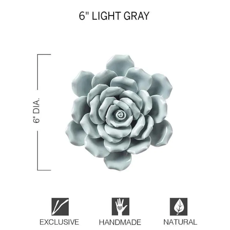 Ceramic Wall Flowers, 6" - Light Gray