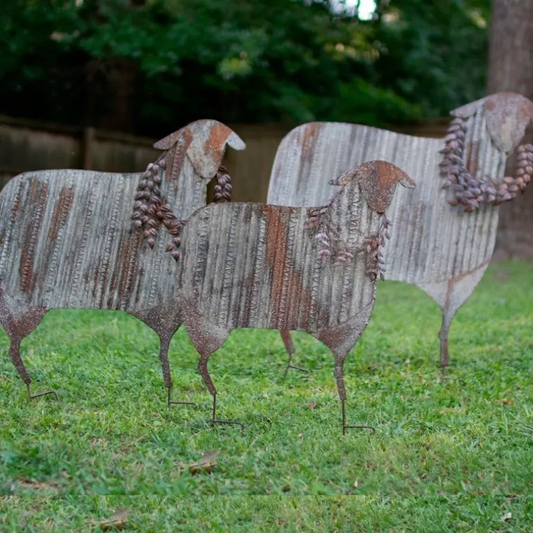 Corrugated Metal Christmas Sheep Yard Art, Set of 3
