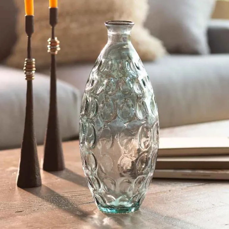 Dune Tall Recycled Dimpled Glass Vase, 12"H - Smoky Blue