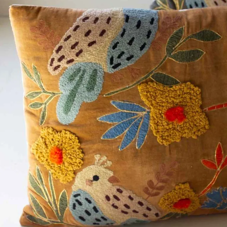 Embroidered Pillows with Birds, set of 2