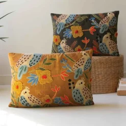 Embroidered Pillows with Birds, set of 2