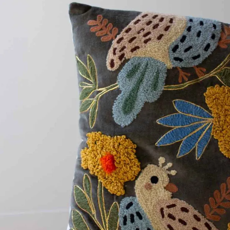 Embroidered Pillows with Birds, set of 2