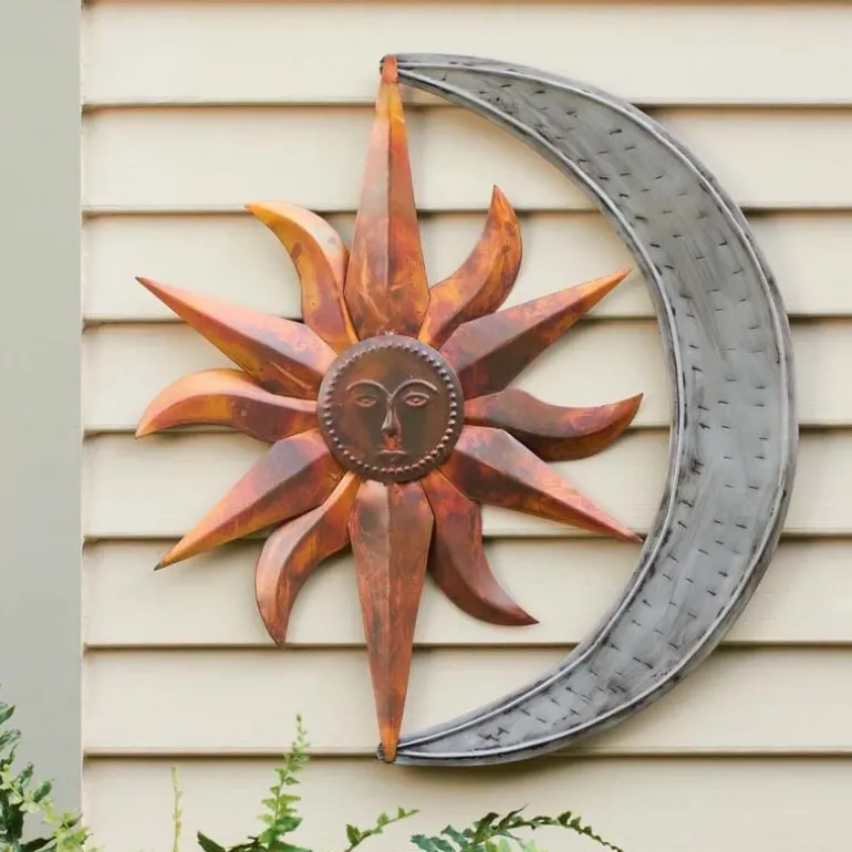 Flamed Copper Sun and Zinc Moon Wall Art
