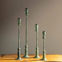 Forged Iron Green Patina Taper Candle Holders, Set of 4