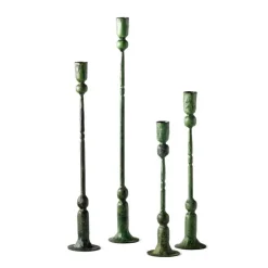 Forged Iron Green Patina Taper Candle Holders, Set of 4