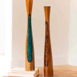 Glass Infused Teak Candle Holder, Tall - Gold