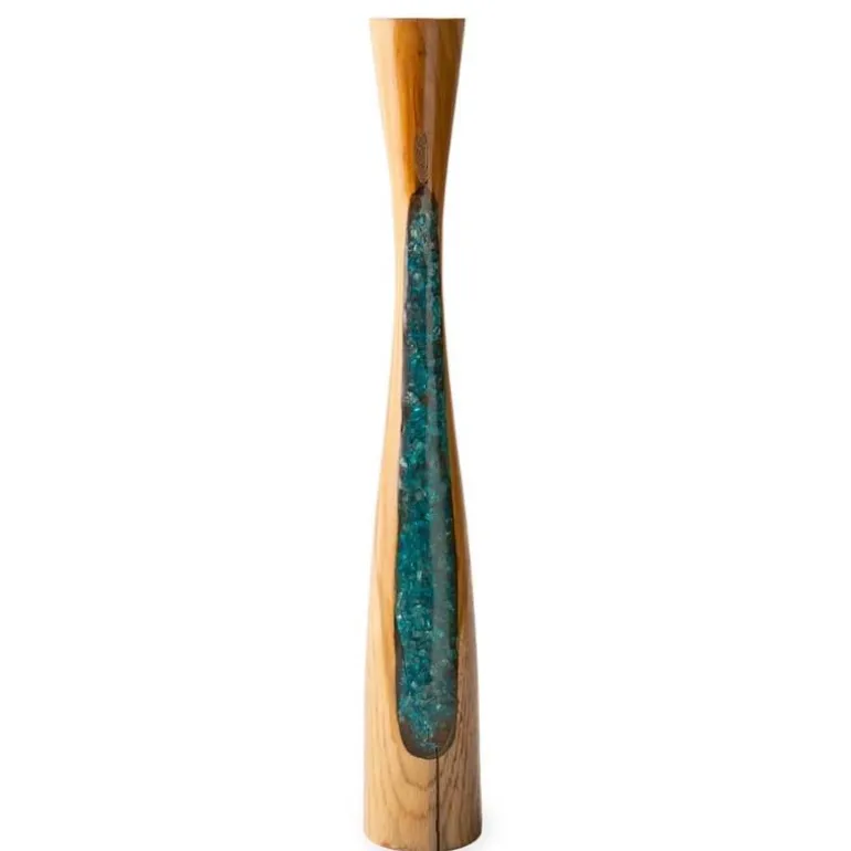 Glass Infused Teak Candle Holder, Tall - Teal