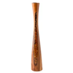 Glass Infused Teak Candle Holder, Short - Gold