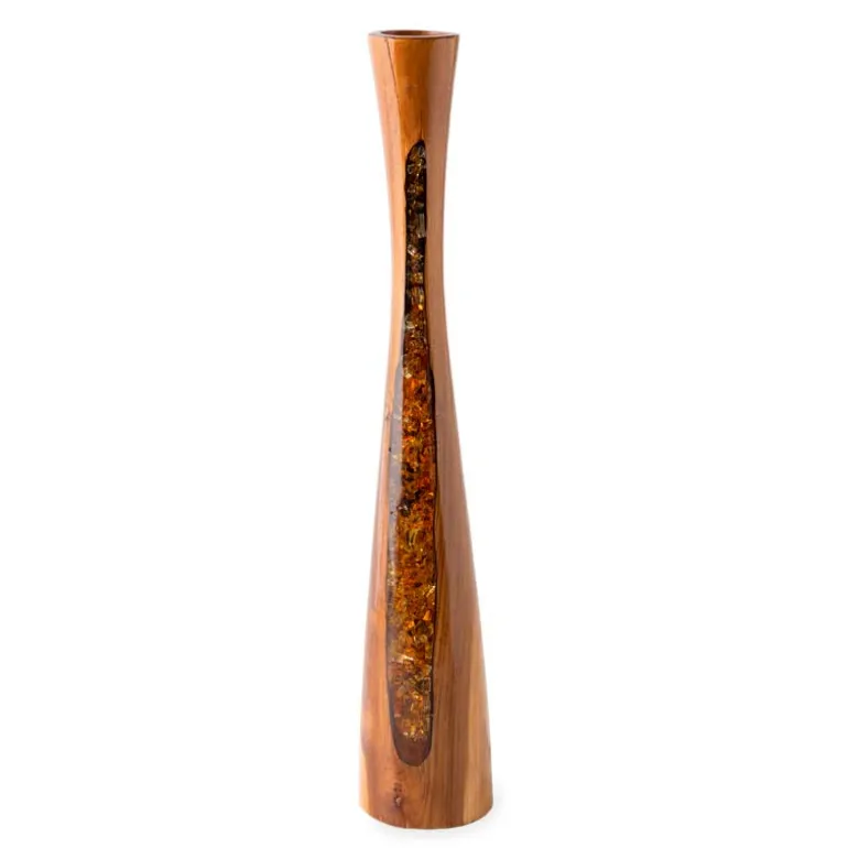 Glass Infused Teak Candle Holder, Short - Gold