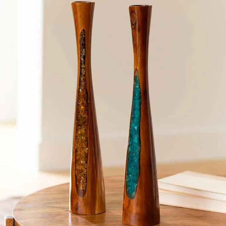 Glass Infused Teak Candle Holder, Short - Teal