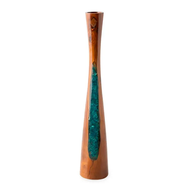 Glass Infused Teak Candle Holder, Short - Teal