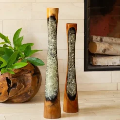 Glass Infused Teak Candle Holder, Tall