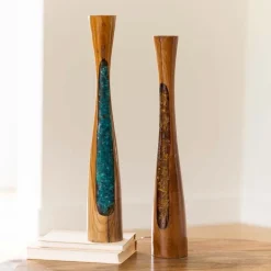 Glass Infused Teak Candle Holder, Tall