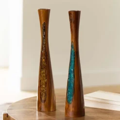 Glass Infused Teak Candle Holder, Tall