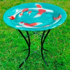Glass Koi Birdbath with Metal Stand