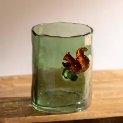Green Glass Hurricane with Squirrel, 4.75"H