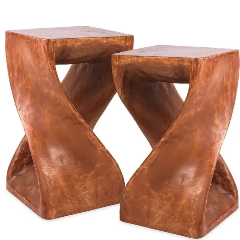 Hand-Carved Monkey Pod Wood Twisty Stool 23", Set of 2