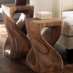 Hand-Carved Monkey Pod Wood Twisty Stool 23" & 18", Set of 2
