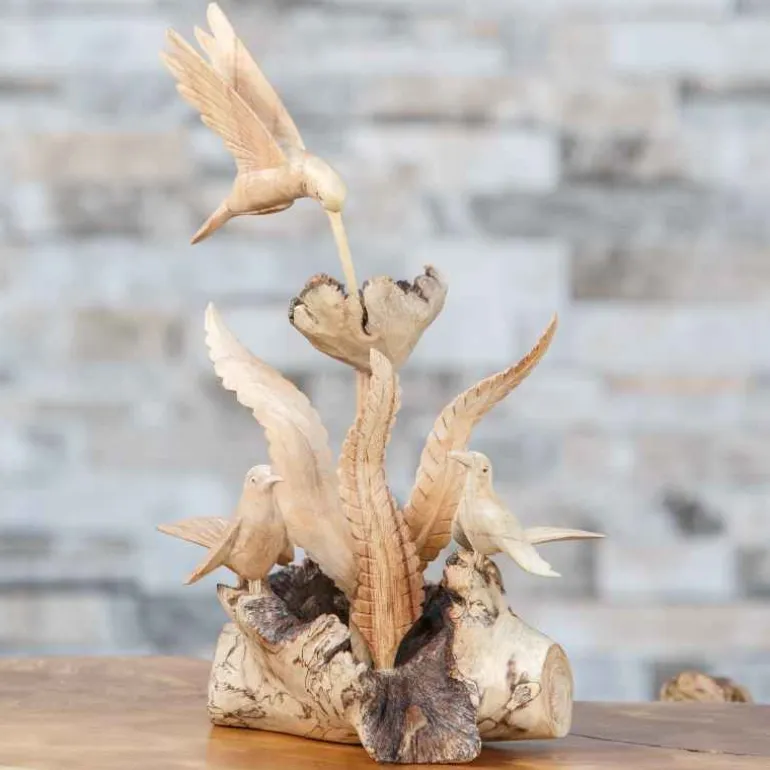 Hand-Carved Parasite Wood Hummingbirds Sculpture