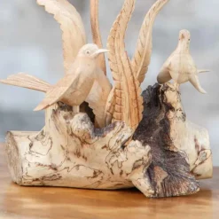 Hand-Carved Parasite Wood Hummingbirds Sculpture