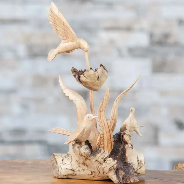 Hand-Carved Parasite Wood Hummingbirds Sculpture