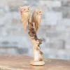 Hand-Carved Parasite Wood Owls on Branch Sculpture